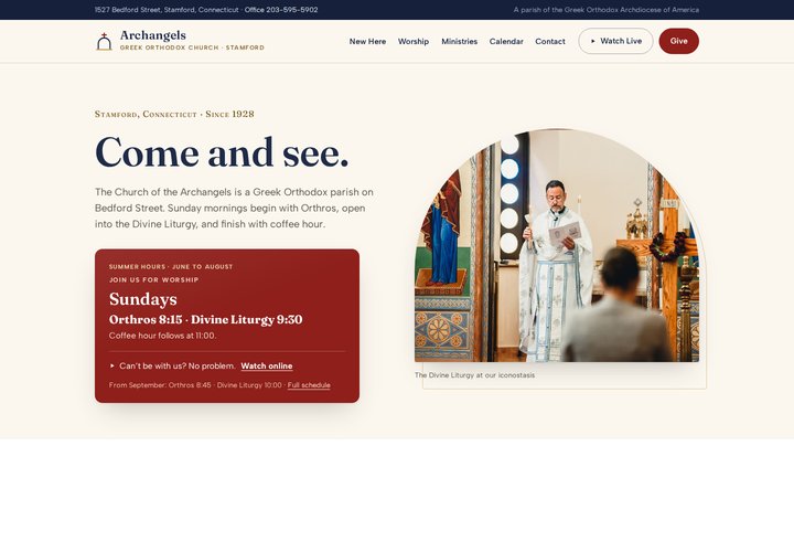 Preview of Version 4, The Parish Front Door: service times in the hero, first-visit guide, this-week cards