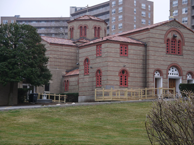 Exterior of the Byzantine style temple on Bedford Street, with its terracotta roof.
